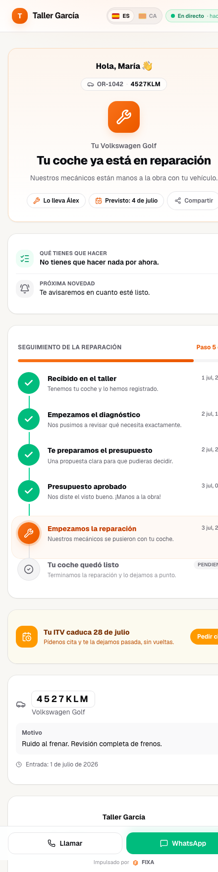Portal del cliente de FIXA en el móvil con aviso de ITV próxima y seguimiento de la reparación
